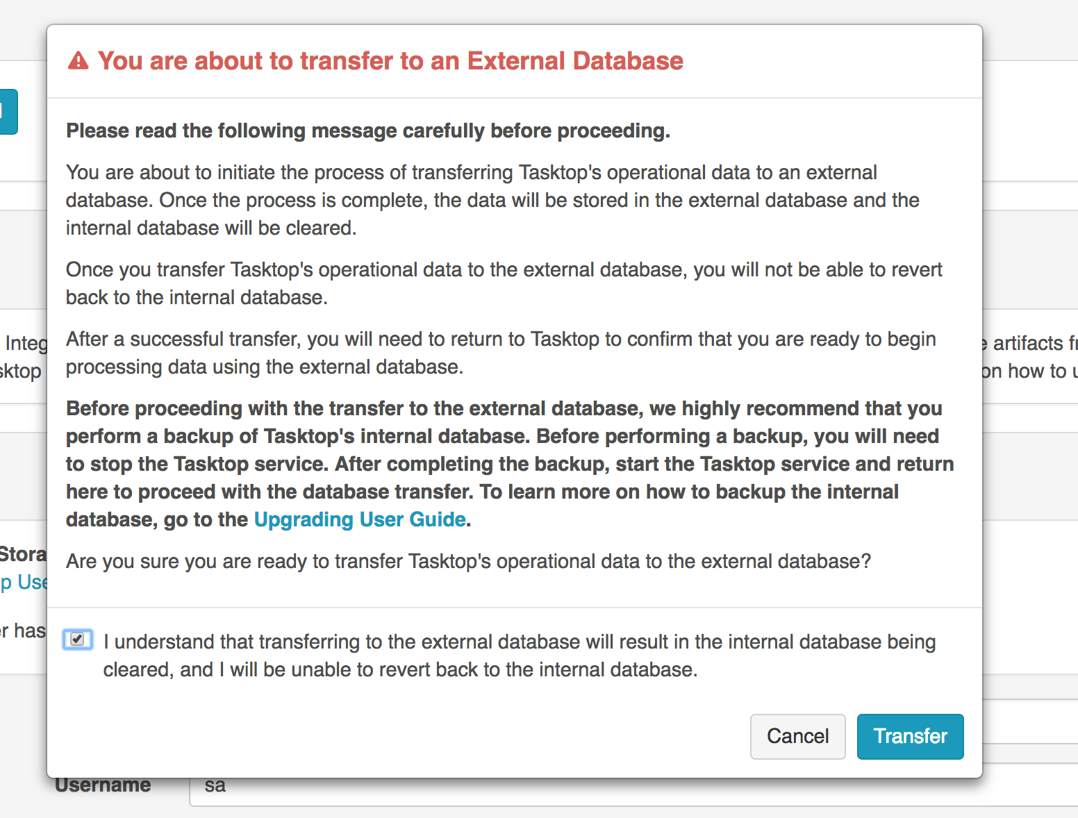 Transfer to External Database Warning