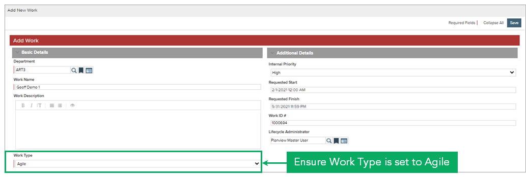 Add New Work screen - create epic FastTrack Implementation Toolkit - 2021.png