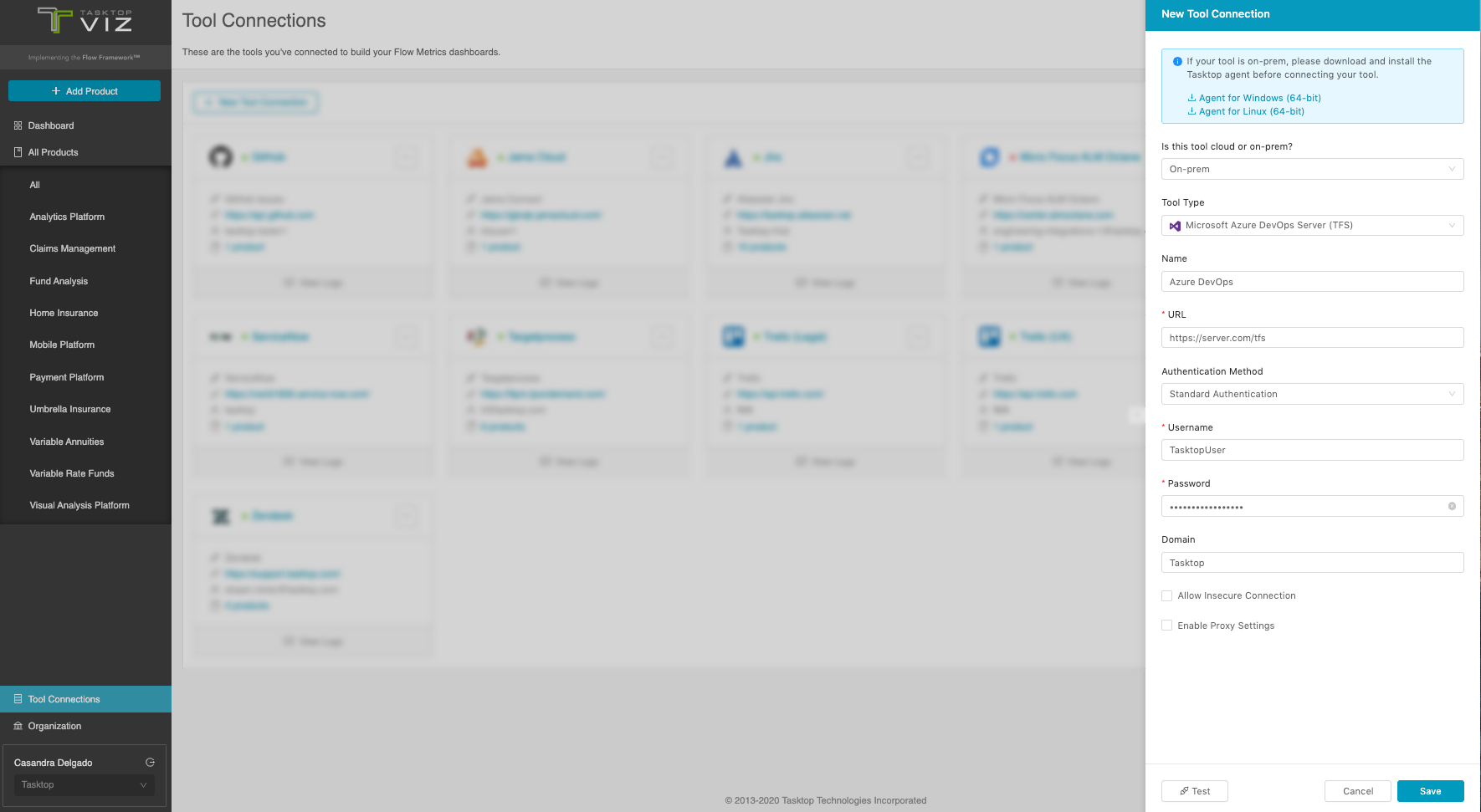 Azure DevOps Tool Connection Screen - Standard Authentication