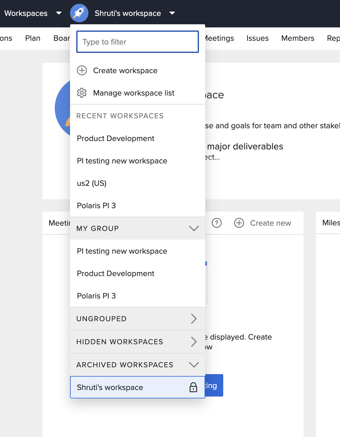 Workspace dropdown with recent and archived workspaces.png