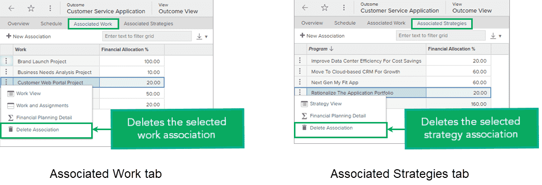 Delete Associations option on the Outcome View screen's Associated Work and Associated Strategies tabs